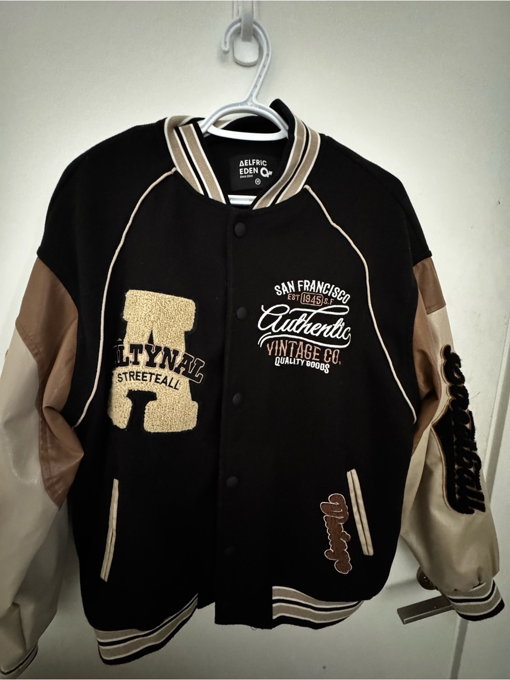 Aelfric Eden Black & Tan Bomber-Style Varsity Jacket